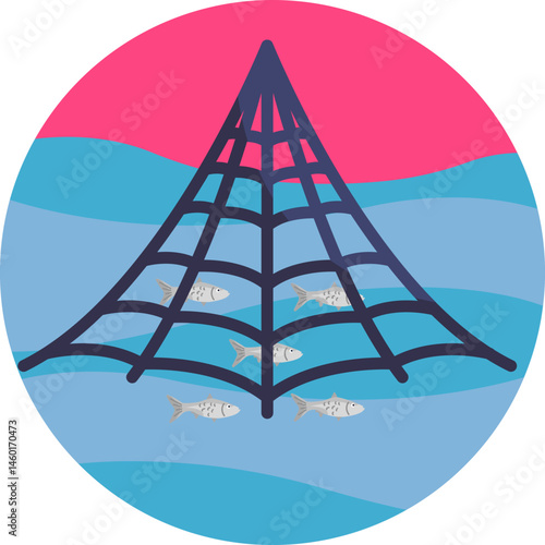 A net used by fishermen to catch fish in the water, typically made of nylon or other durable materials.