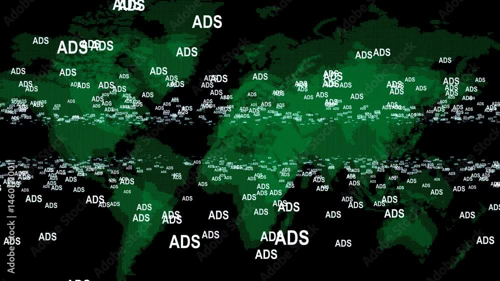 Depicts a digital map of the world overlaid with ads symbols and data ...