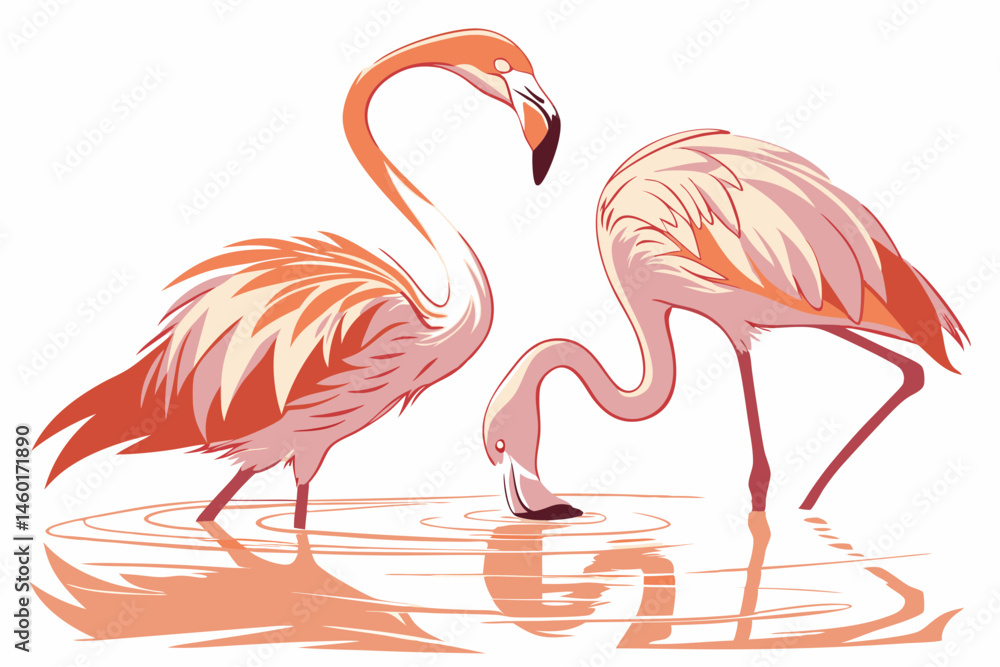 Fototapeta premium Two Elegant Flamingos in a Calm Water Reflection