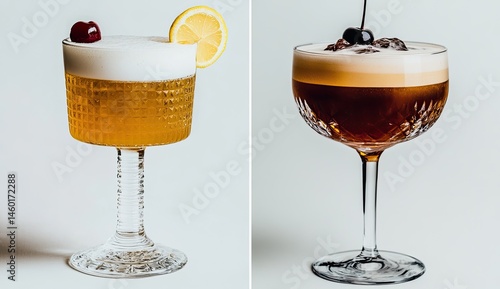 Two cocktails, one light and one dark, garnished with lemon and cherries.  Aromatic and refreshing drinks in elegant glasses