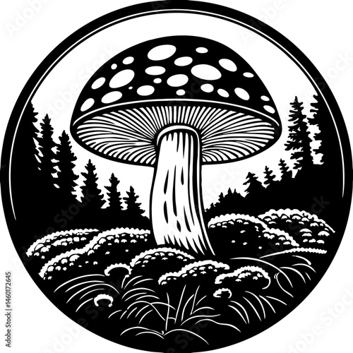 Black and white illustration of a fly agaric mushroom in a forest