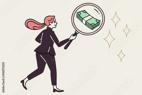 Businesswoman Running Towards Magnifying Glass Showing Stack of Money