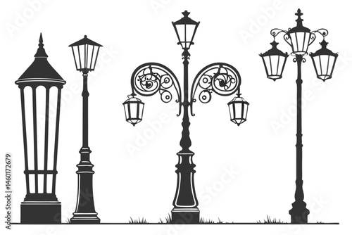 101 Black silhouettes, vintage street lamps, ornate lanterns, Victorian-era lighting, decorative lamp posts, urban design elements, classic outdoor illumination, cast iron details, architectural fixtu