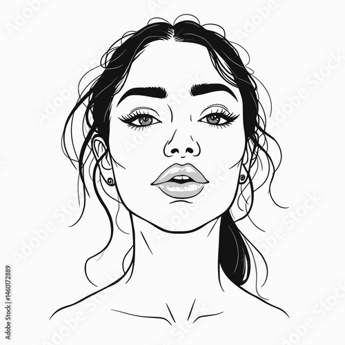young woman with tousled hair and bold makeup in minimalist line art style for beauty concept