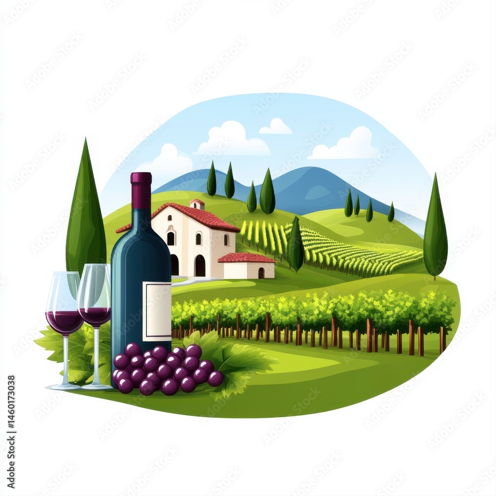 Scenic Vineyard Landscape with Wine Bottle and Grapes in Beautiful Countryside