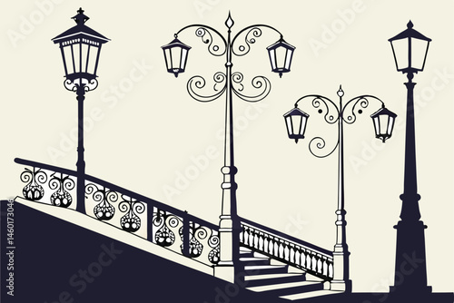 101 Black silhouettes, vintage street lamps, ornate lanterns, Victorian-era lighting, decorative lamp posts, urban design elements, classic outdoor illumination, cast iron details, architectural fixtu
