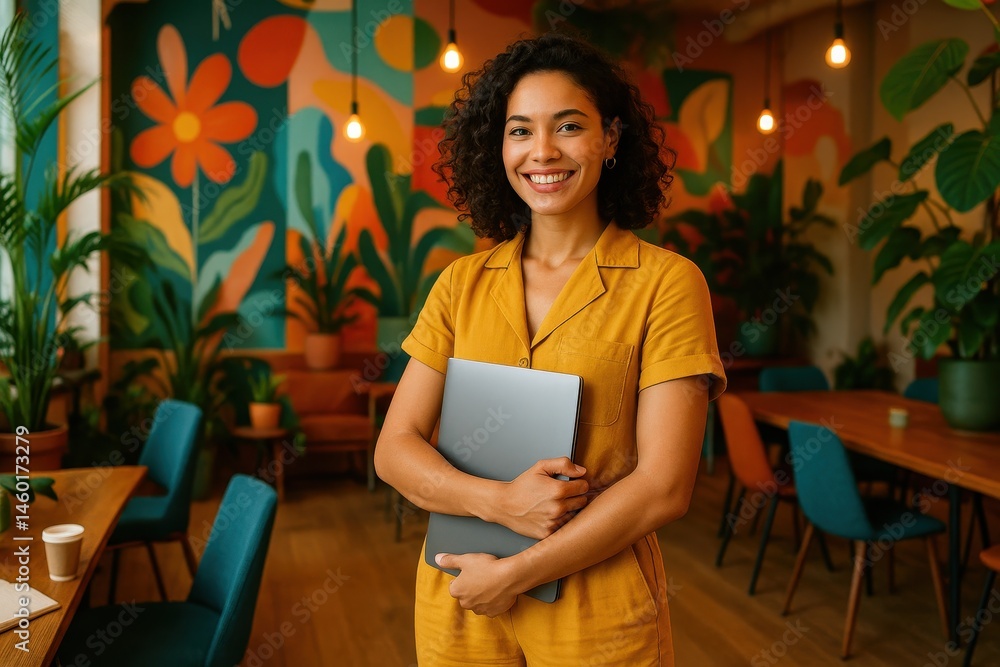Smiling Woman in Yellow Outfit Holding Laptop in Trendy Workspace
