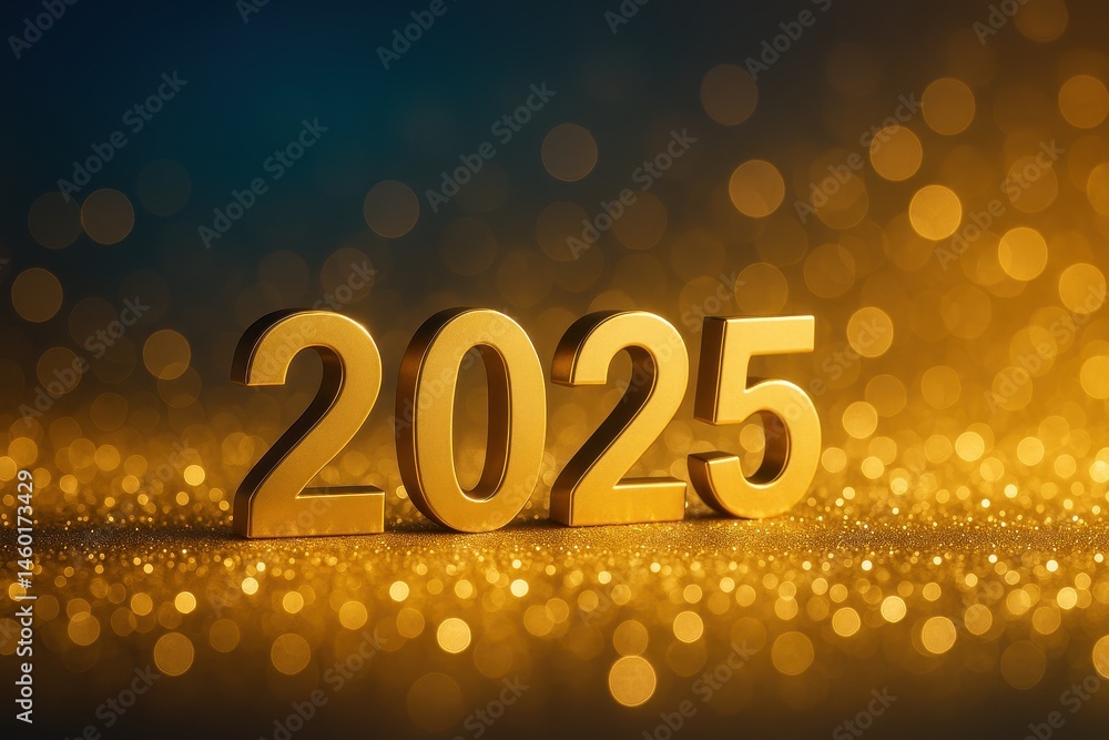 Golden 2025 Numbers with Sparkling Bokeh Background for New Year