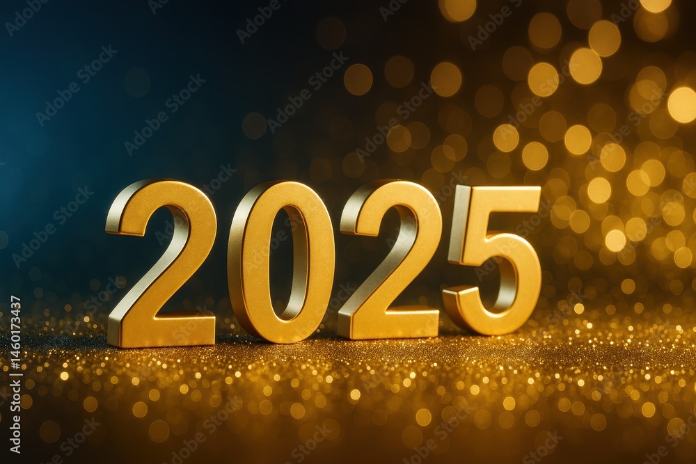 Shiny Golden 2025 Numbers with Glowing Background and Bokeh Lights