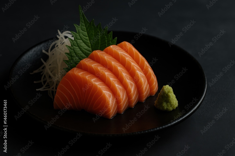 Fresh Sliced Salmon with Wasabi and Shredded Radish on Plate
