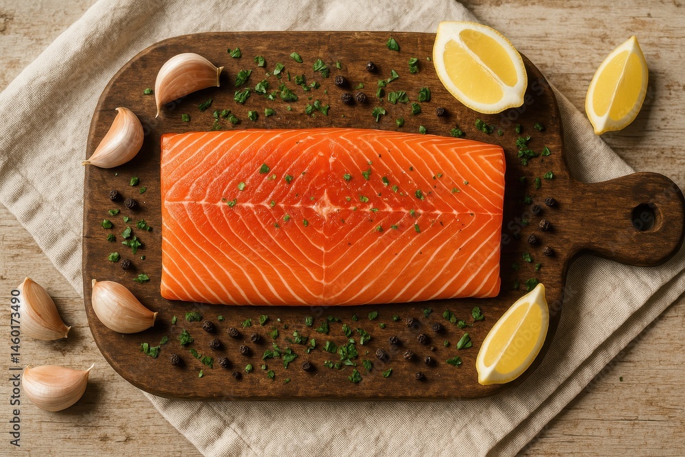 Fresh Salmon Fillet with Lemon and Garlic on Wooden Cutting Board