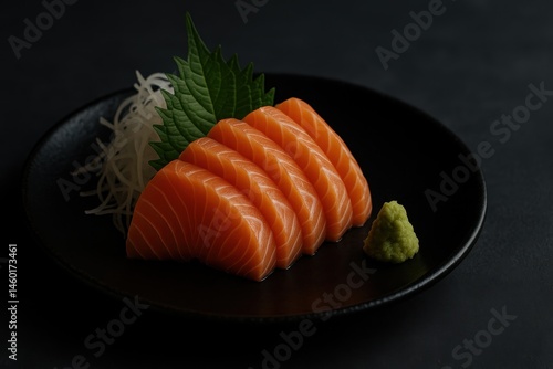 Obraz na płótnie Fresh Sliced Salmon with Wasabi and Shredded Radish on Plate w salonie