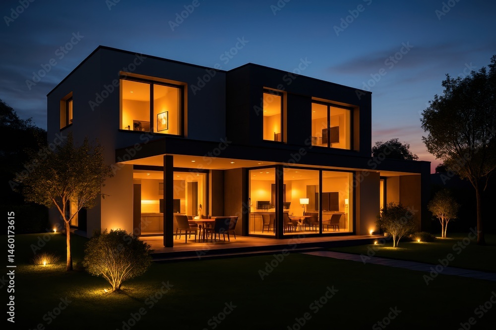 Elegant Modern House Exterior with Warm Lighting at Dusk