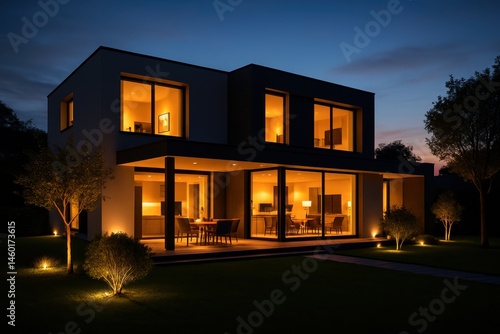 Obraz na płótnie Elegant Modern House Exterior with Warm Lighting at Dusk w salonie