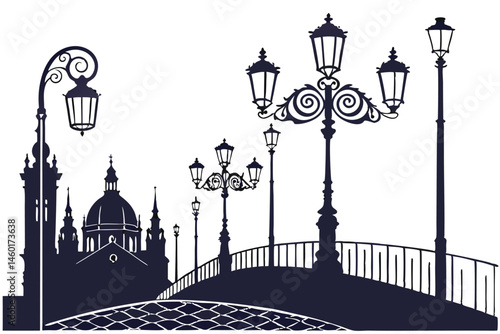 101 Black silhouettes, vintage street lamps, ornate lanterns, Victorian-era lighting, decorative lamp posts, urban design elements, classic outdoor illumination, cast iron details, architectural fixtu