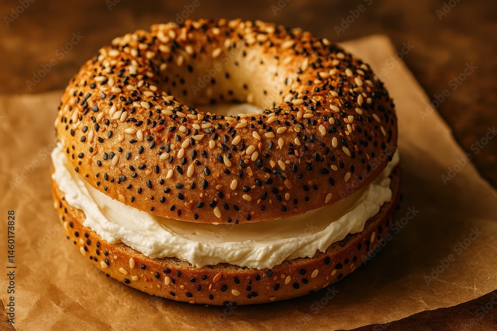 Freshly Baked Sesame Bagel with Cream Cheese on Brown Paper