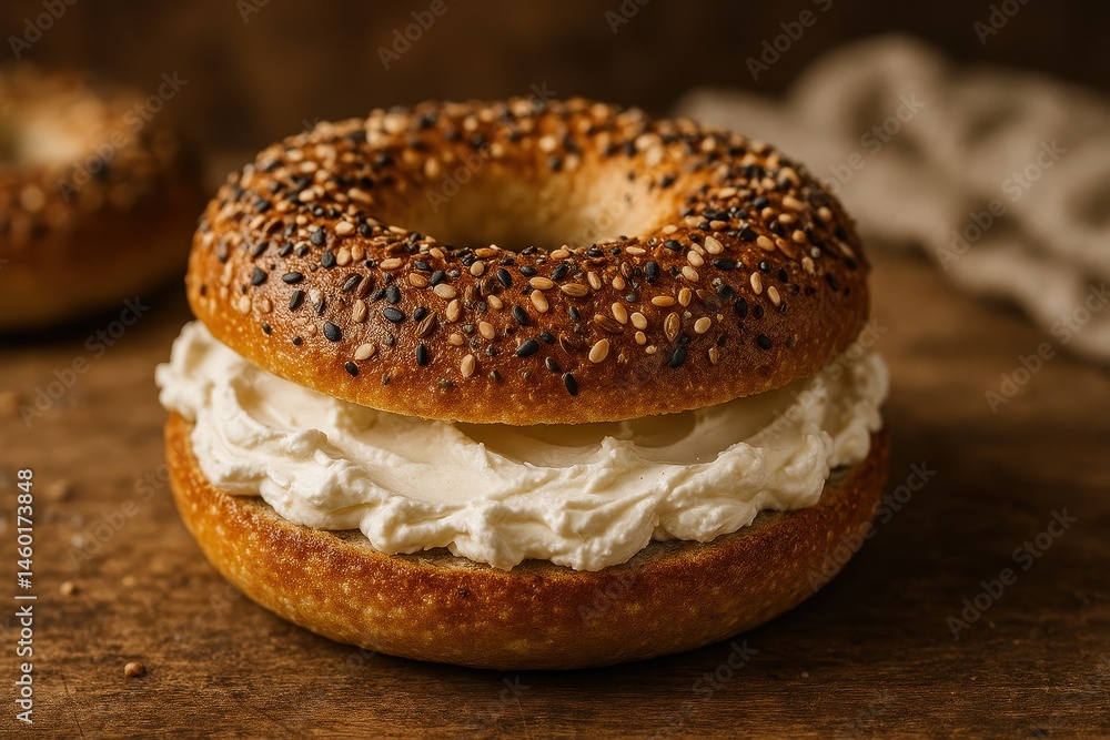 Freshly Baked Bagel with Cream Cheese Filling on Rustic Wooden Surface