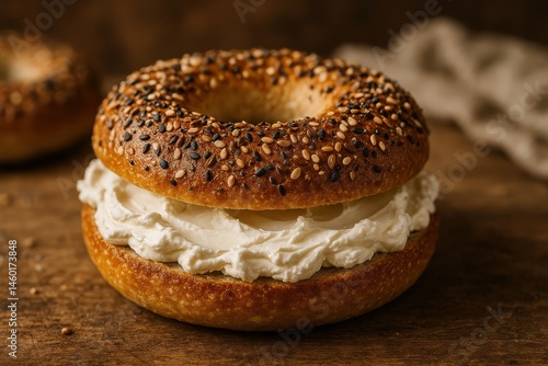 Freshly Baked Bagel with Cream Cheese Filling on Rustic Wooden Surface