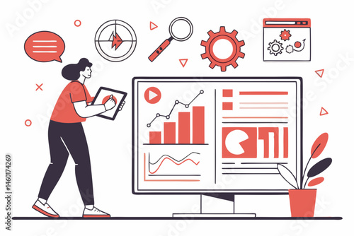 Woman Analyzing Data on a Large Computer Screen Showing Business Growth Charts and Graphs