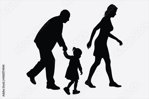 Silhouette of grandparents and granddaughter walking