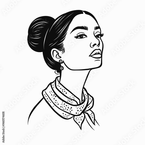 elegant woman with bun hairstyle and scarf accessory in minimalist line art style for fashion concept