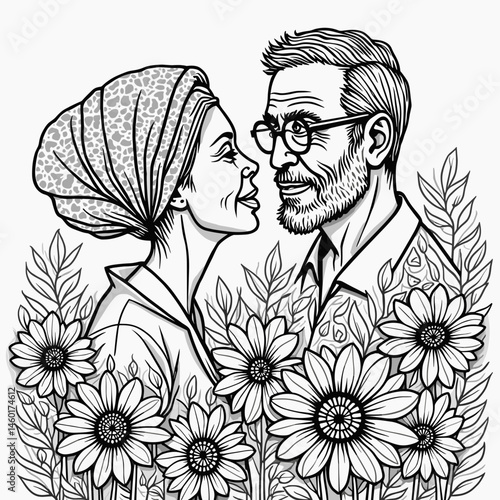 middle-aged couple with glasses and headscarves smiling among sunflowers for love concept