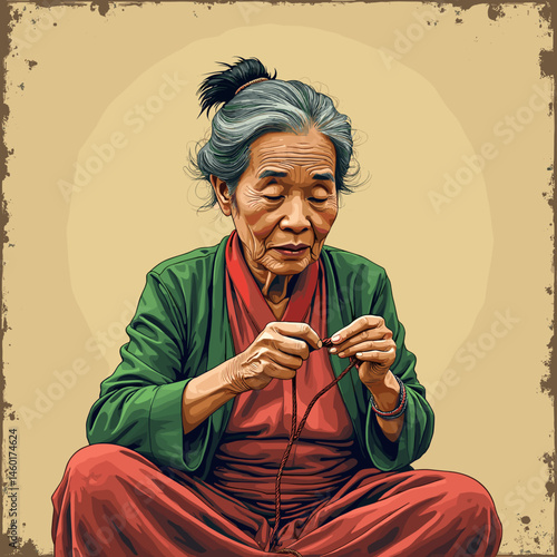elderly woman crafting beads in traditional attire with focused expression for cultural concept