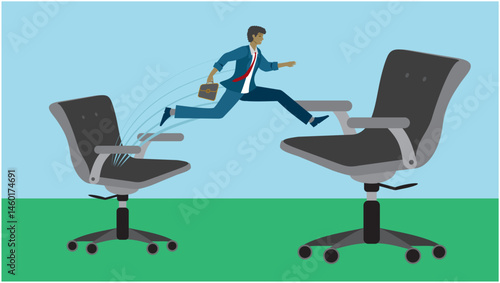 Man taking a big jump in career. New and better job and promotion. One chair bigger than the other. Jumping to new life and position. Dimension 16:9. Vector illustration.