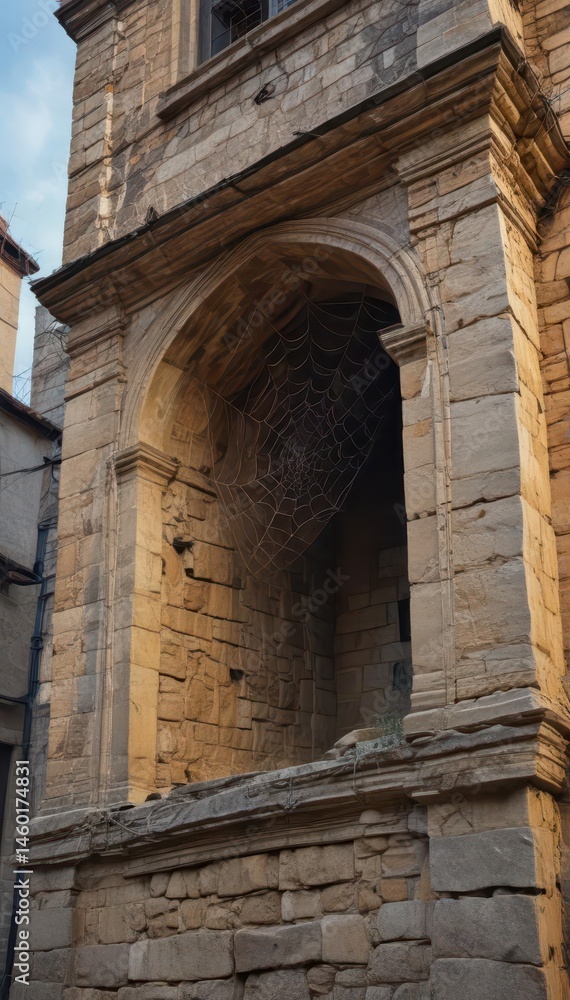 Fototapeta premium Ancient bell tower, intricate spiderweb draped across its aged stone , photo, light