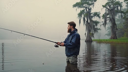 Man fishing in foggy swamp
