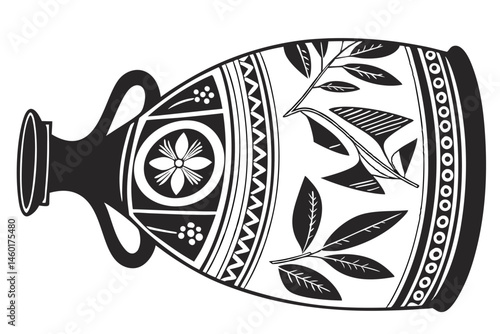 103 Ancient pottery, Greek amphora, black silhouette, decorative pattern, leaf motif, geometric design, white background, minimalist illustration, ornate jug, traditional ceramic, symmetrical composit