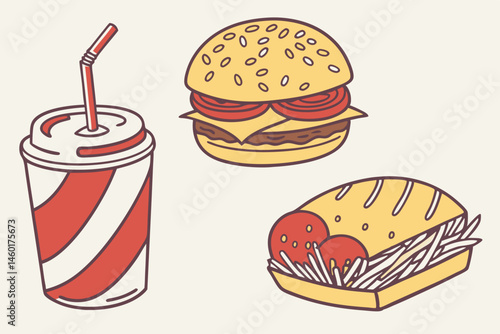 Fast Food Illustration Set Burger Soda and Sub Sandwich