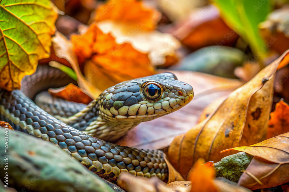 Obraz premium A snake camouflaged among leaves or rocks, nearly invisible