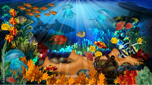 Underwater background with old anchor and tropical fish. vector illustration