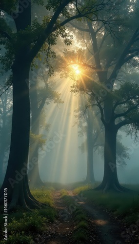 Misty dawn, ancient trees draped in fog, serene , calm, forest photo