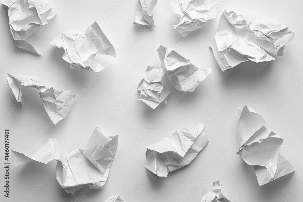 Crumpled white papers scattered on a plain background Crumpled white papers scattered on a plain background