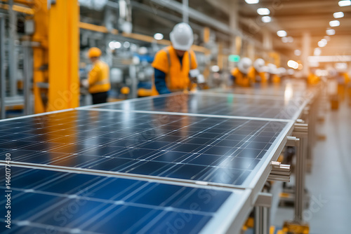 Wallpaper Mural Assembly Line: Solar panel production, showcasing advanced manufacturing. Focus on sustainable technology, renewable energy, and industrial efficiency. Torontodigital.ca