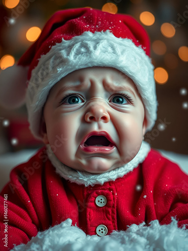 Crybaby in red Christmas cap is naughty and crying