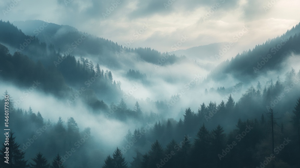 Obraz premium Misty mountain range shrouded in tranquil morning fog.