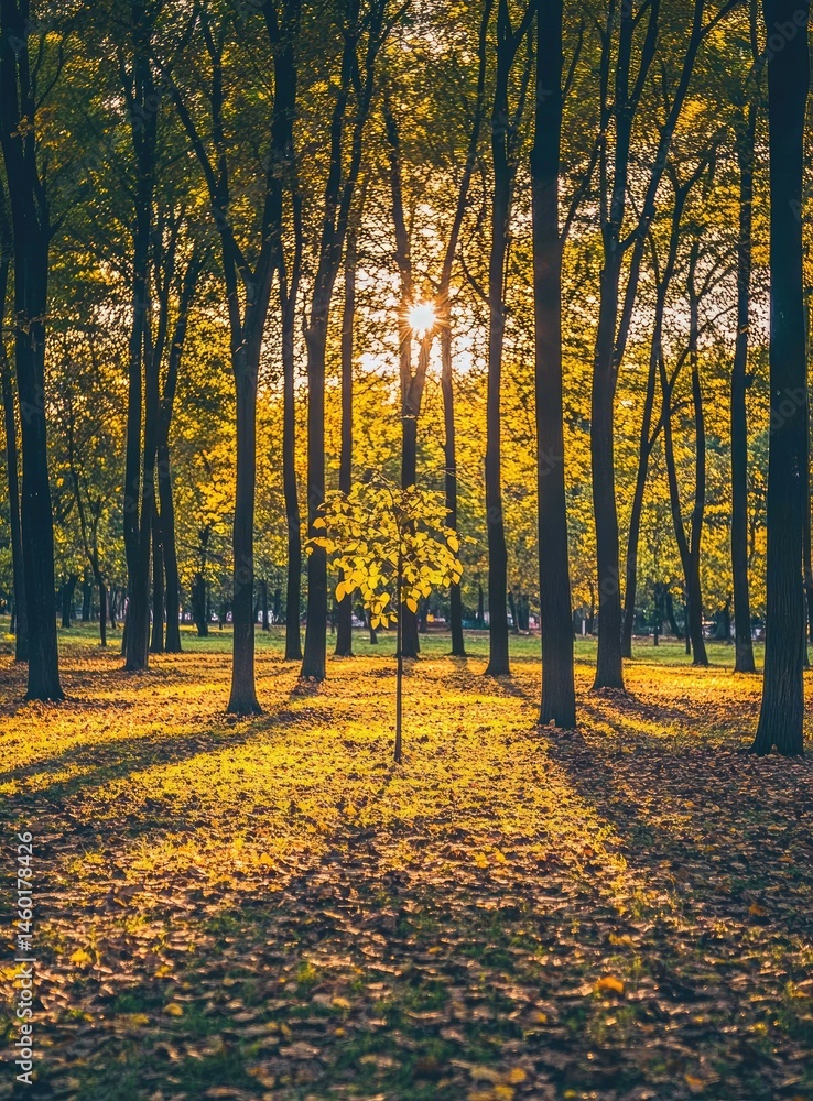 Obraz premium Sunlight filtering through autumn trees