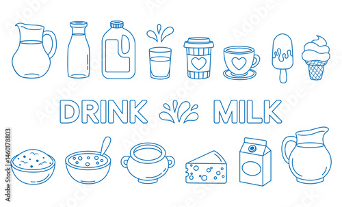 A set of hand drawn pictures of milk in different packages. Milk icons. Vector illustration
