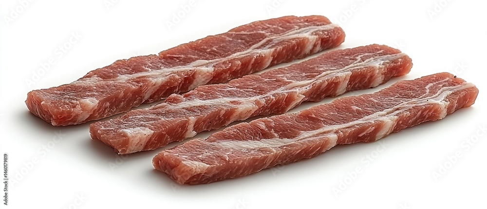 Three raw, lean meat strips, ready for cooking, shown against a white backdrop Three raw, lean meat strips, ready for cooking, shown against a white backdrop