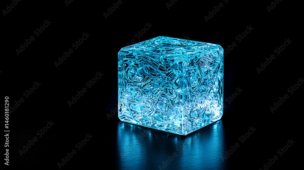 Obraz premium Glowing Blue Crystal Cube On Dark Background