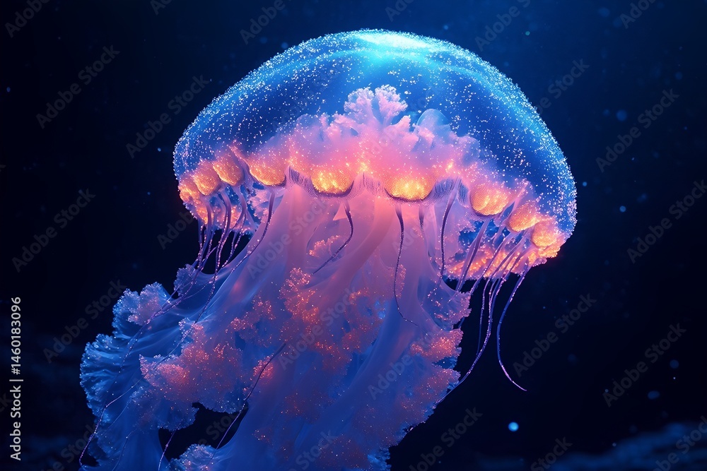 Obraz premium A stunning jellyfish floats gracefully in deep blue water, its tentacles trailing behind. The creature radiates a spectrum of colors, adding to the ethereal underwater ambiance.