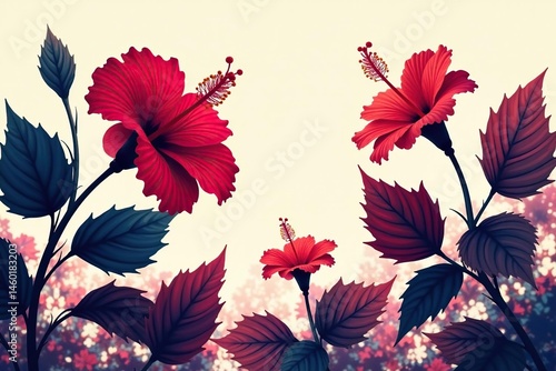 Bold hibiscus silhouettes, stylized leaves, monochrome palette, art, black and white