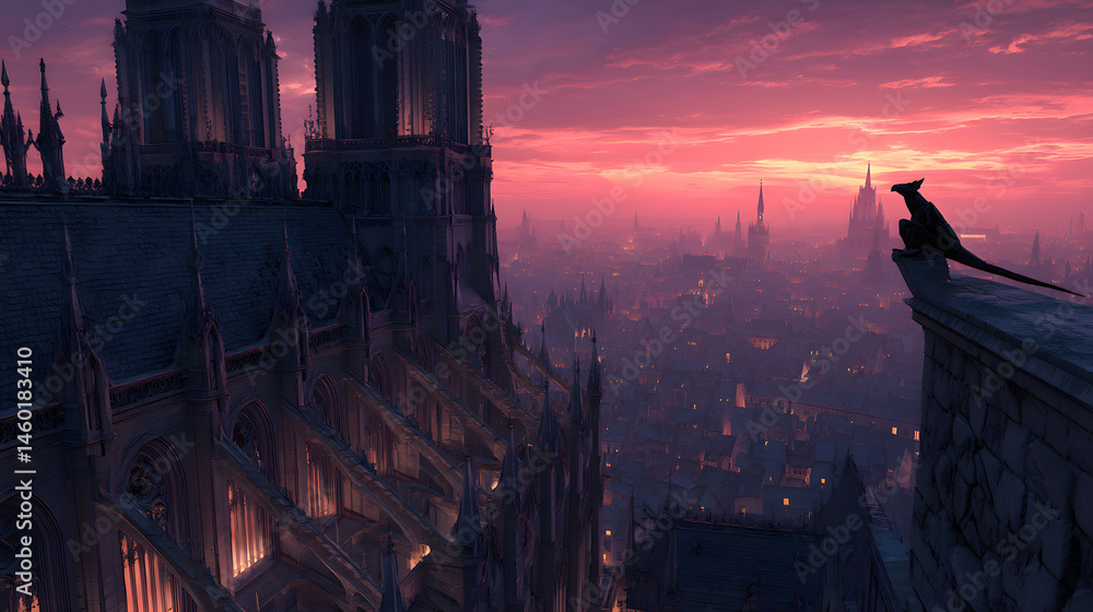 Gothic Cathedral Rooftop at Twilight A Serene Cityscape