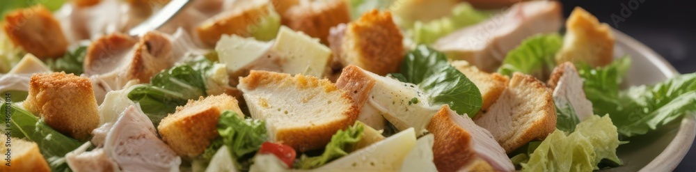 Crispy croutons & shaved parmesan atop smoked chicken Caesar salad , fresh, appetizer, high quality Crispy croutons & shaved parmesan atop smoked chicken Caesar salad , fresh, appetizer, high quality