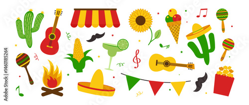 Festa Junina Brasil party, latin june carnival icon, music summer festive. Tradition farm symbol. Sunflower, straw hat, popcorn, ice cream, note, mustache isolated on white bg. Vector illustration