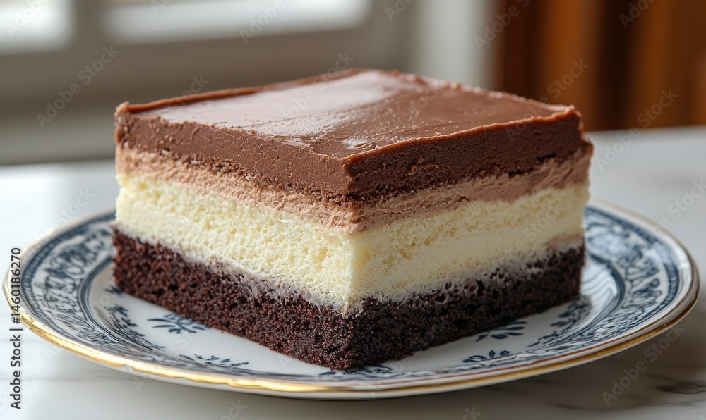 Three-layered chocolate dessert square, creamy vanilla, and chocolate base on a plate Three-layered chocolate dessert square, creamy vanilla, and chocolate base on a plate