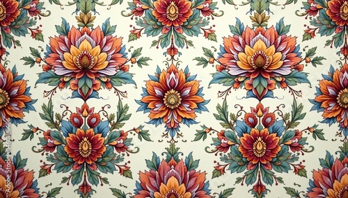 Intricate floral damask pattern in muted tones, sophisticated, repeat, home decor